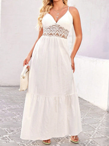 Splice Lace Cami Dress With Ruffle Hem