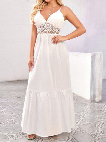Splice Lace Cami Dress With Ruffle Hem