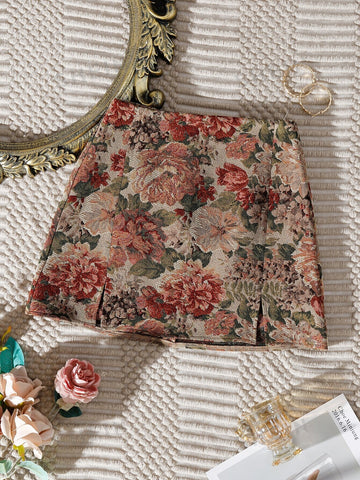 VCAY Split Hem Floral Jacquard Skirt
