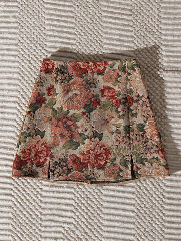 VCAY Split Hem Floral Jacquard Skirt