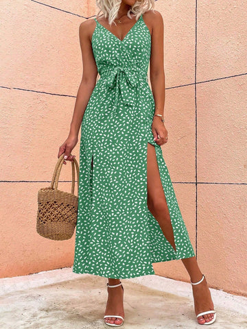Spotted Print Split Thigh Cami Dress