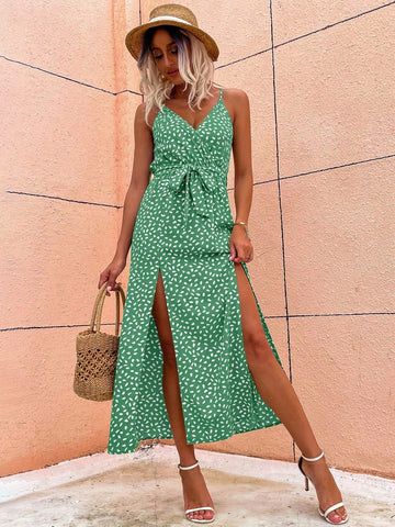 Spotted Print Split Thigh Cami Dress