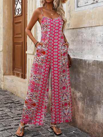 Spring/Summer Print Jumpsuit With Spaghetti Straps And Wide Leg Design For Women