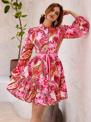 Spring/Summer Random Paisley Printed Lantern Sleeve Dress