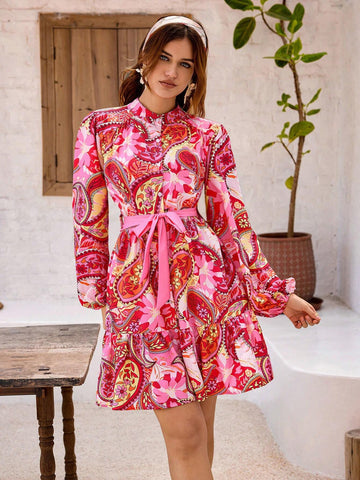 Spring/Summer Random Paisley Printed Lantern Sleeve Dress