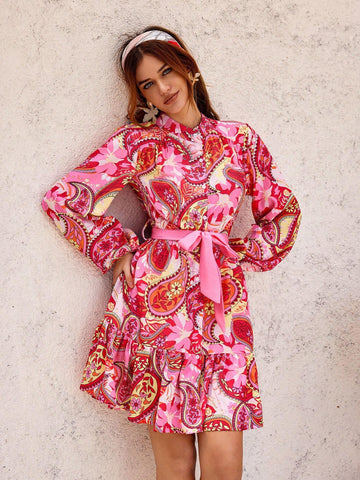 Spring/Summer Random Paisley Printed Lantern Sleeve Dress