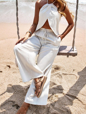 Spring And Summer Strapless Halter Neck Top & Wide Leg Pants Women Two Piece Set