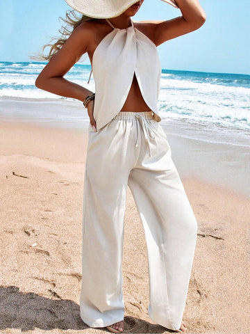 Spring And Summer Strapless Halter Neck Top & Wide Leg Pants Women Two Piece Set