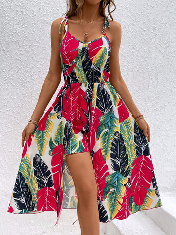 Spring And Summer Tropical Printed Jumpsuit With Shorts And Suspender Skirt
