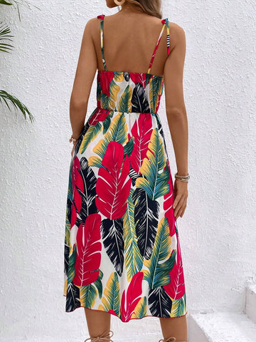 Spring And Summer Tropical Printed Jumpsuit With Shorts And Suspender Skirt