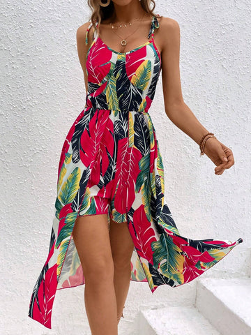 Spring And Summer Tropical Printed Jumpsuit With Shorts And Suspender Skirt