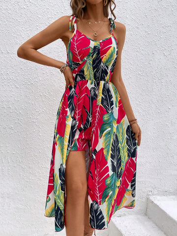 Spring And Summer Tropical Printed Jumpsuit With Shorts And Suspender Skirt