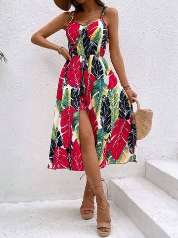 Spring And Summer Tropical Printed Jumpsuit With Shorts And Suspender Skirt