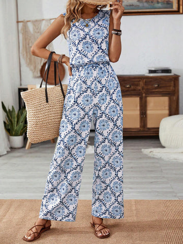 Spring & Summer Vacation Round Neck Sleeveless Elastic Waist Retro Print Jumpsuit