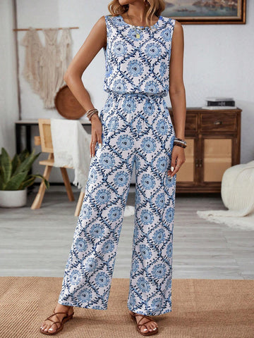 Spring & Summer Vacation Round Neck Sleeveless Elastic Waist Retro Print Jumpsuit