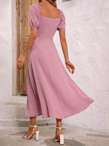 Square Neckline Pleated Slit Dress