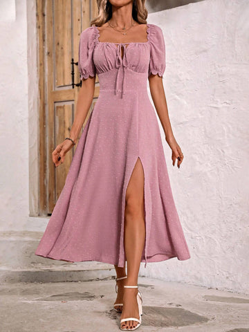 Square Neckline Pleated Slit Dress