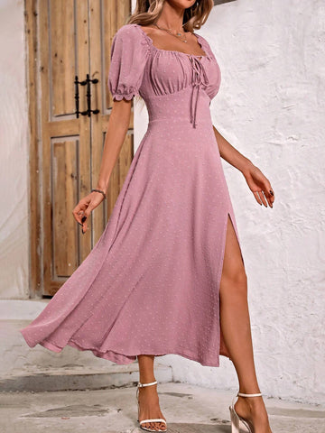Square Neckline Pleated Slit Dress
