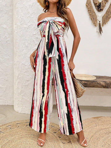 Strapless Cross-Over Wide Leg Jumpsuit For Women