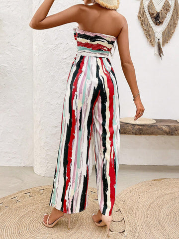 Strapless Cross-Over Wide Leg Jumpsuit For Women