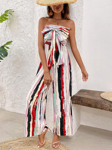 Strapless Cross-Over Wide Leg Jumpsuit For Women