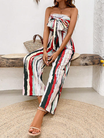 Strapless Cross-Over Wide Leg Jumpsuit For Women