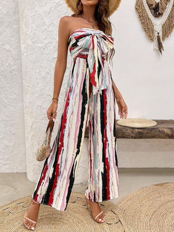 Strapless Cross-Over Wide Leg Jumpsuit For Women