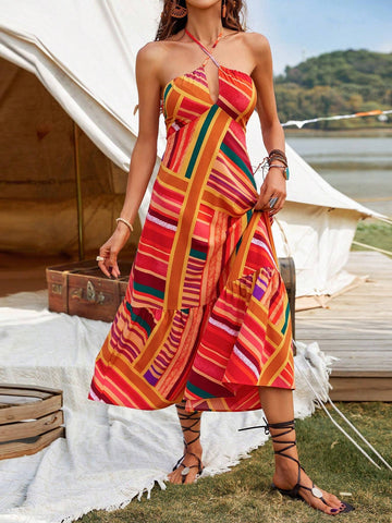 Striped Hollow Out Halter Backless Dress