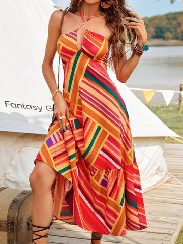 Striped Hollow Out Halter Backless Dress