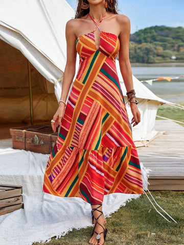 Striped Hollow Out Halter Backless Dress