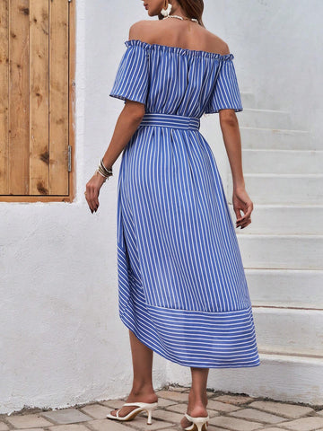 Striped Off Shoulder Asymmetric Hemline Dress