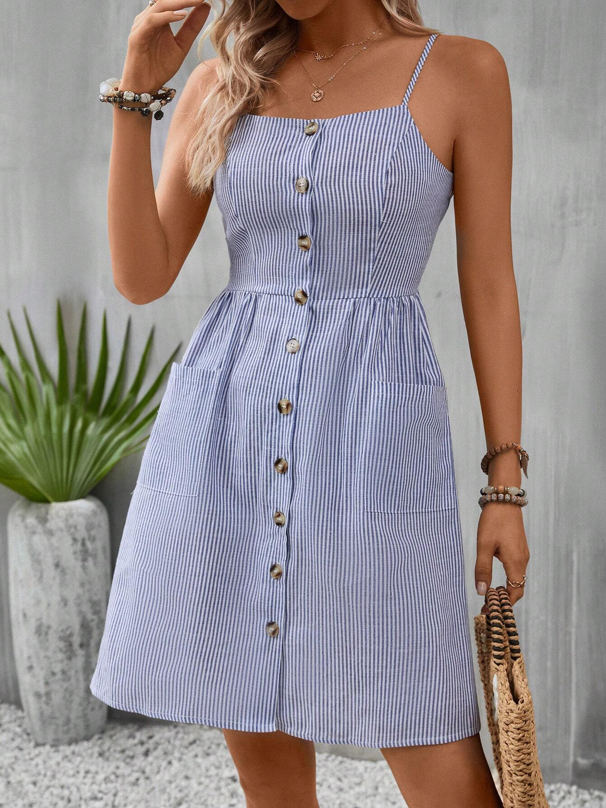Striped Print Button Front Cami Dress