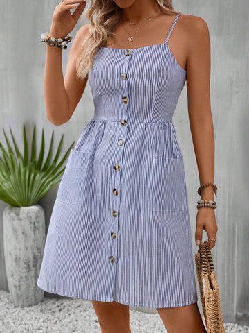 Striped Print Button Front Cami Dress