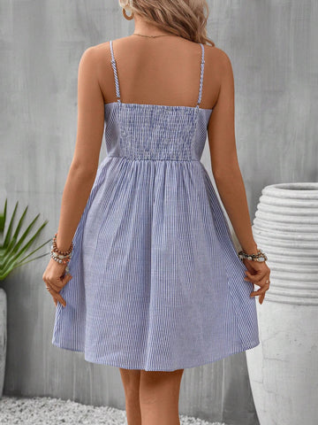 Striped Print Button Front Cami Dress