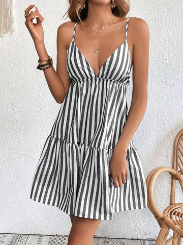 Striped Print Halter Cami Summer Women Beach Short Dress