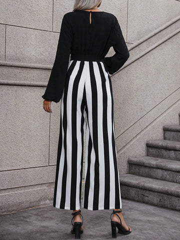 Striped Print Surplice Neck Belted Wide Leg Jumpsuit