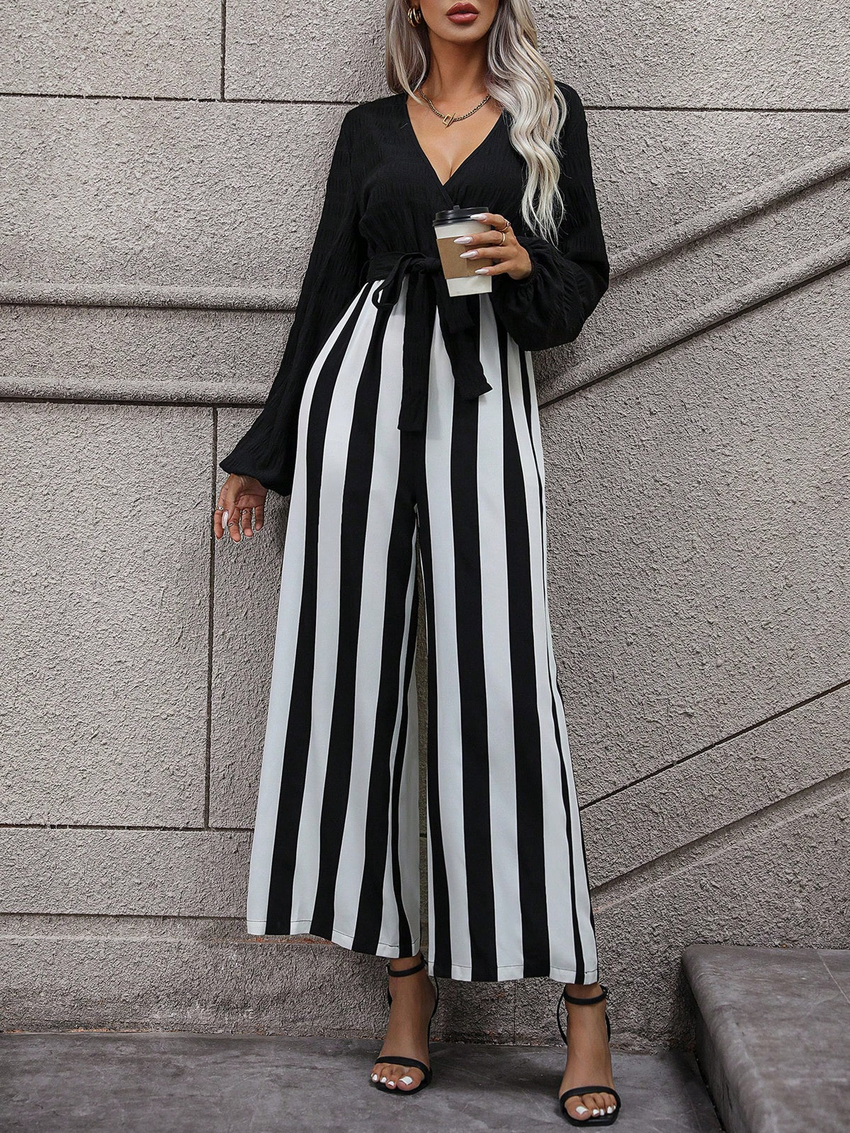 Striped Print Surplice Neck Belted Wide Leg Jumpsuit