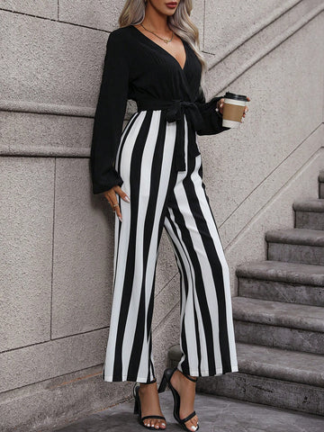 Striped Print Surplice Neck Belted Wide Leg Jumpsuit