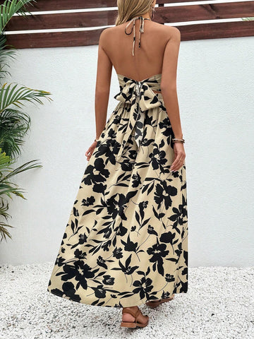 Summer Beach Hollow Out Twisted Knot Floral Print Halterneck Maxi Dress With Split Hem Open Back