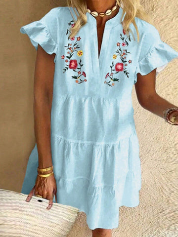 Summer Cap Sleeve Dress With Notched Neckline, Ruffled Hemline And Embroidered Flowers