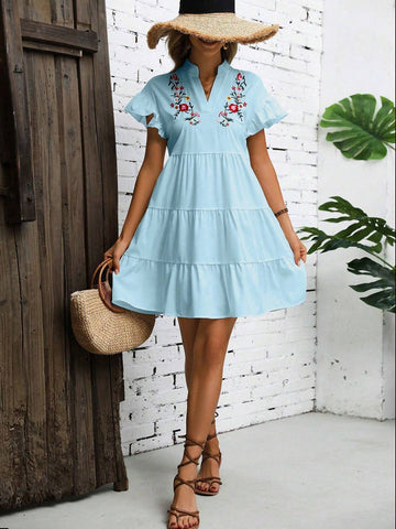 Summer Cap Sleeve Dress With Notched Neckline, Ruffled Hemline And Embroidered Flowers