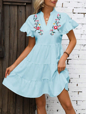 Summer Cap Sleeve Dress With Notched Neckline, Ruffled Hemline And Embroidered Flowers