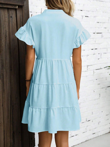 Summer Cap Sleeve Dress With Notched Neckline, Ruffled Hemline And Embroidered Flowers