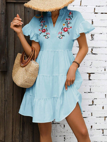 Summer Cap Sleeve Dress With Notched Neckline, Ruffled Hemline And Embroidered Flowers