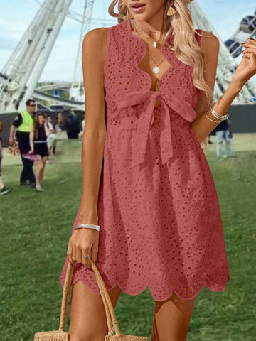 Summer Casual Beach Holiday Solid Color Hollow Out Embroidery Sleeveless Dress