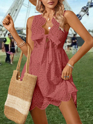 Summer Casual Beach Holiday Solid Color Hollow Out Embroidery Sleeveless Dress