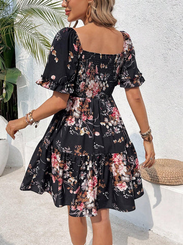 Summer Casual Floral Print Square Neck Vacation Dress