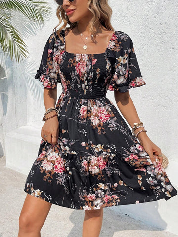 Summer Casual Floral Print Square Neck Vacation Dress