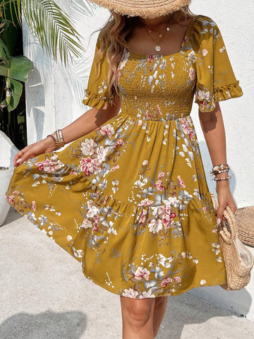 Summer Casual Floral Print V-Neck Ruffle Edge Hem Swing Dress