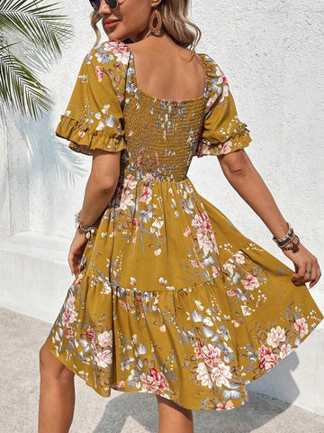 Summer Casual Floral Print V-Neck Ruffle Edge Hem Swing Dress